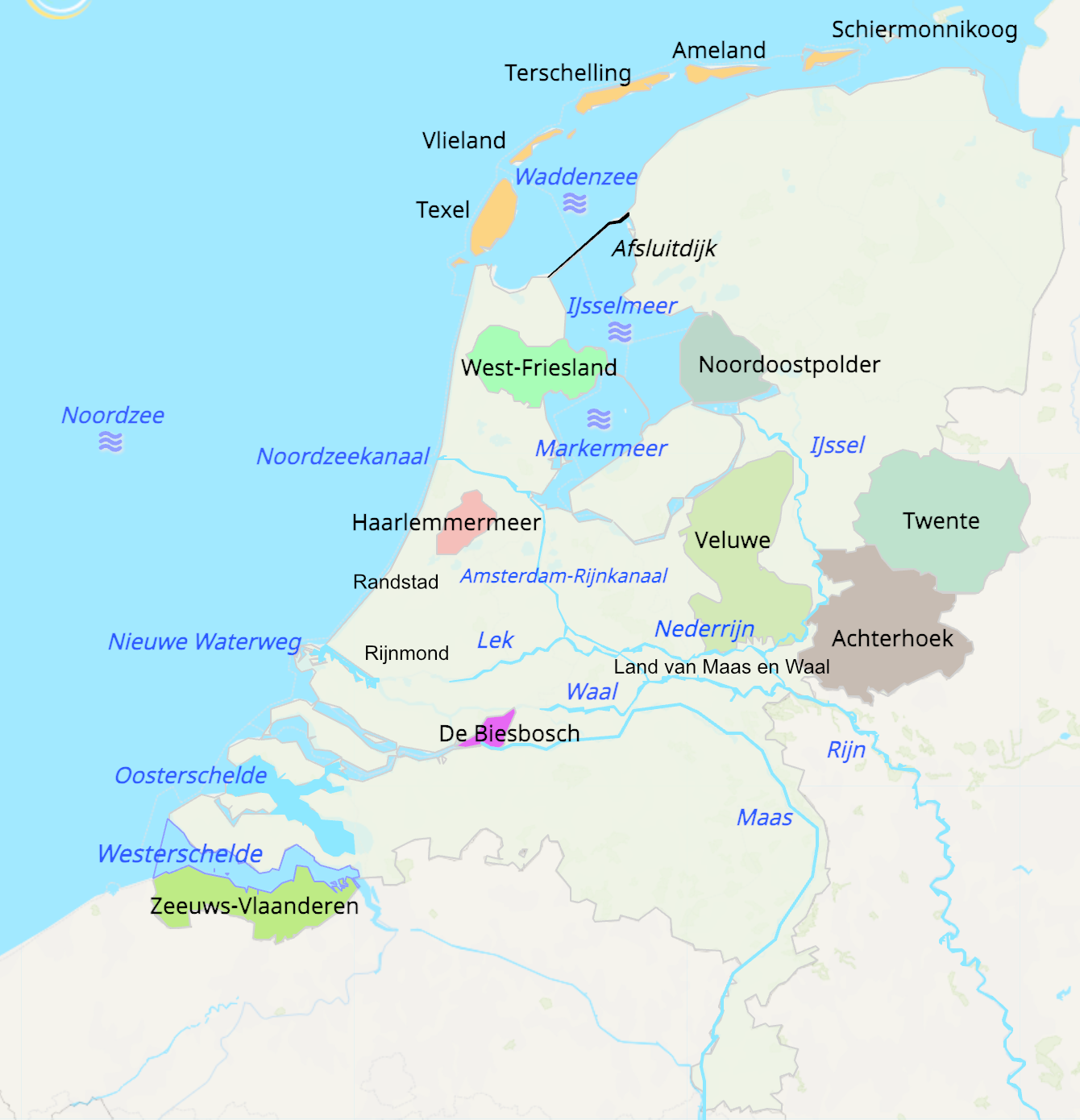 Basistopo Nederland: Streken en wateren